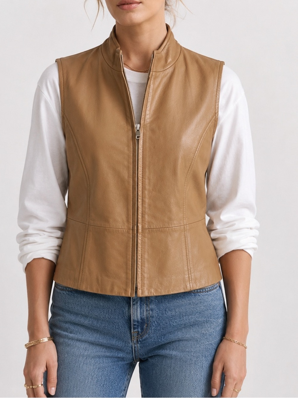 Peter Nygard Vest Genuine Leather Panel Silk Knit Back Vintage Old Money Camel M